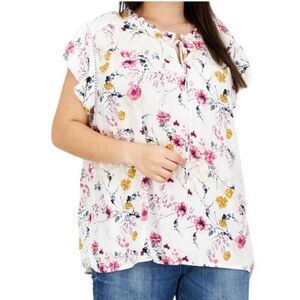 Buffalo David Bitton Size Large White Pink Floral Short Flutter Sleeve Blouse